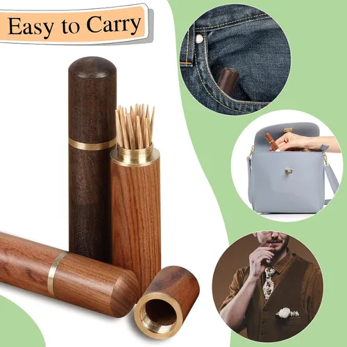 Miniatura 4 de Honeydak 10 piezas portátil de madera para palillos de dientes, mini caja de púas de dientes de bolsillo, estuche de transporte de palillos