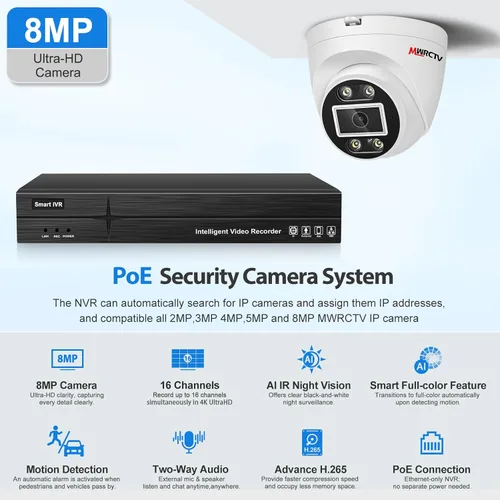 Miniatura 2 de MWRCTV Sistema de cámara de seguridad PoE 4K, cámaras PoE domo con cable de 16 x 8MP para seguridad del hogar, lente gran angular de 0.110 in, luz