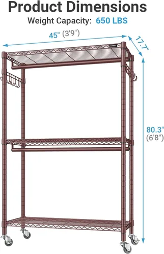 Miniatura 6 de VIPEK R2 Plus - Perchero con ruedas para colgar ropa, resistente, 3 niveles, ajustable, de alambre de metal, con ganchos laterales, organizadores