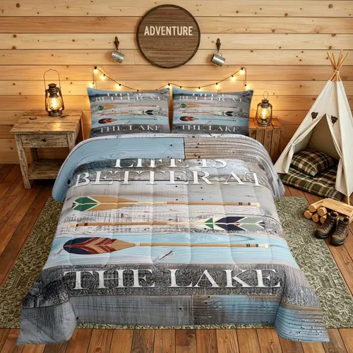 Miniatura 45 de Juego de ropa de cama King para casa del lago, juego de edredón de paleta de madera retro para regalos para amantes del lago, inserto de edredón