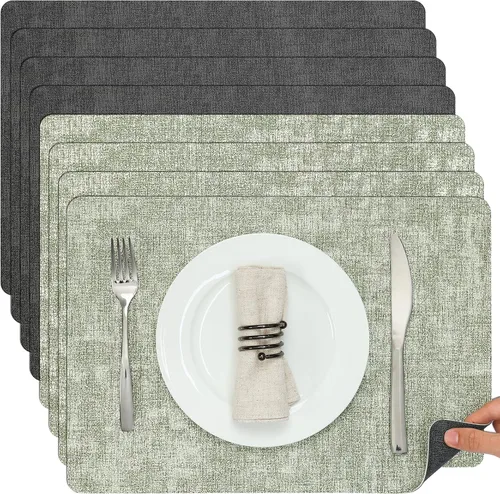 Miniatura 13 de Myir JUN Juego de 6 manteles individuales de doble cara, de piel sintética, para interiores, para mesa de comedor, exteriores, cuadrados, Negro