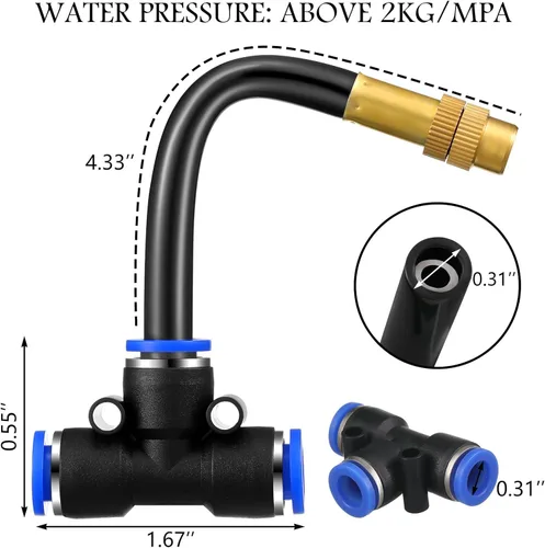 Miniatura 2 de Zonon 15 boquillas de nebulización de latón en T con manguera integrada de 4 pulgadas para tubos de 0.32 pulgadas/0.315 in, rotación de 360 grados