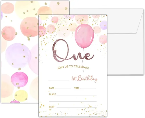 Invitaciones para fiesta de primer cumpleaños, invitaciones de cumpleaños con purpurina de globo, invitaciones de cumpleaños de doble cara,