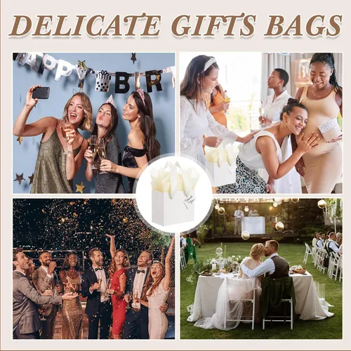 Miniatura 7 de Qilery 50 bolsas de regalo de papel de boda a granel con papel de seda, pequeñas bolsas de regalo con asa y etiquetas para cumpleaños, bodas