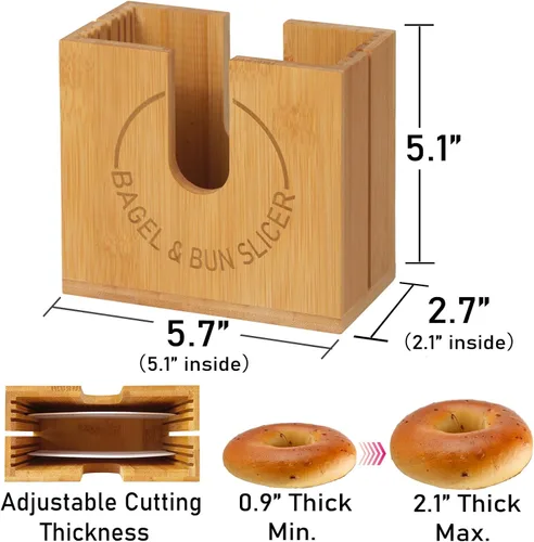 Miniatura 6 de Soporte grande ajustable para cortar bagel Soporte de corte de bagel de bambú con ranuras ajustables de ancho para bagels pequeños y grandes