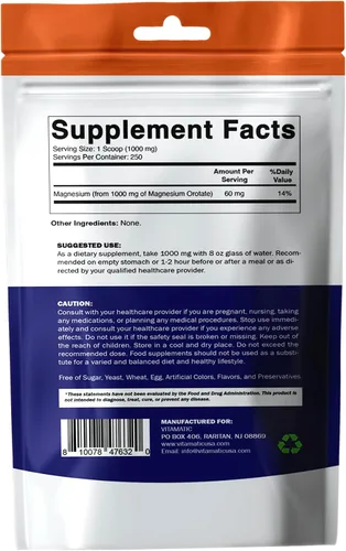 Miniatura 9 de Vitamatic Orotato de magnesio 1000 mg por porción apoya la salud muscular, las articulaciones y el corazón, 8.82 oz - 250 porciones