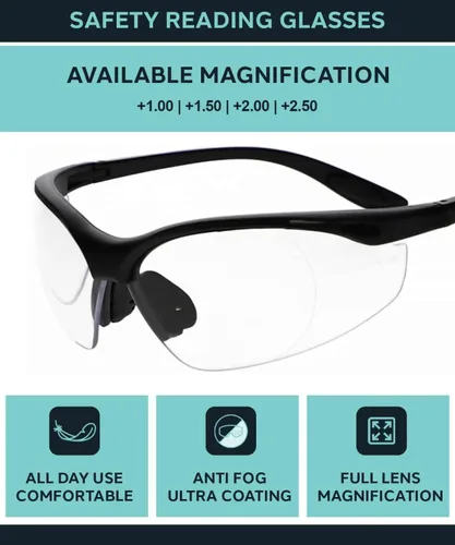 Miniatura 2 de Gafas de lectura de seguridad en marco negro con lente transparente, lentes de seguridad con aumento de lente completa, ajuste cómodo, antivaho