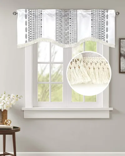 Cenefa de ventana de color blanco y negro para cocina, cenefa de cortina a rayas con borla, cenefa festoneada con bolsillo para barra, tratamiento