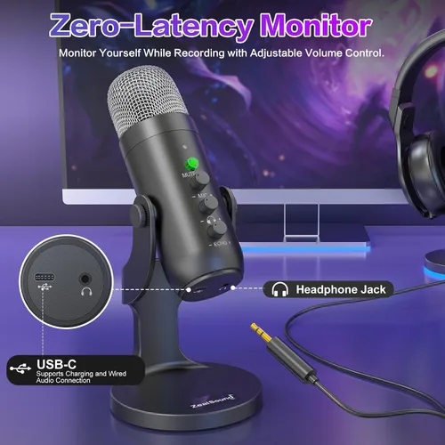 Miniatura 5 de ZealSound Micrófono Inalámbrico, Micrófono USB para iPhone PC iPad Teléfono Android - Micrófonos Condensadores de Escritorio Inalámbricos con Negro