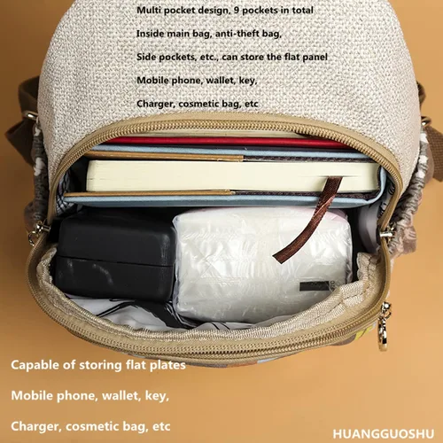 Miniatura 62 de HUANGGUOSHU Mochila de algodón tejida de algodón bohemio con bordado de lona estilo bohemio con múltiples bolsillos retro linda mochila cartera