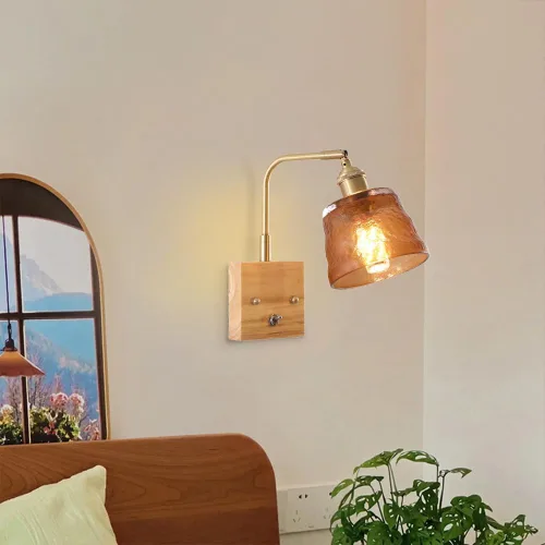 Miniatura 2 de LED Wall Sconce Nordic Modern Brass Bedside Retro Industry Hammered Glass Lamp Shade Green Hallway Lighting Mid Century Wood Mount Light Home Decor