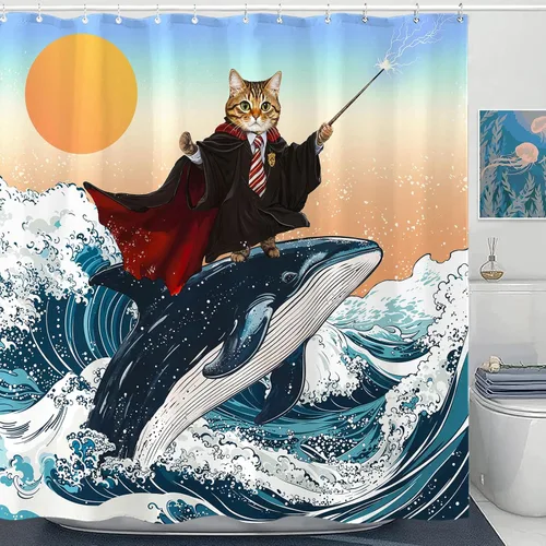 Miniatura 28 de Cortina de Ducha Divertida de Gato Lindo Divertido Árbol de Gato de Dibujos Animados Cortinas de Ducha para Baño Boho Anime Gatitos Niños Granja