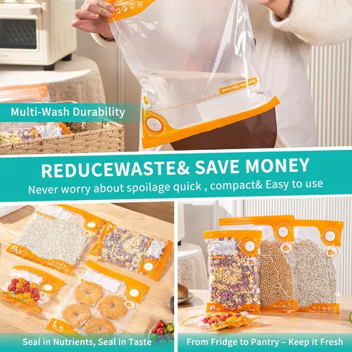 Miniatura 2 de Kit de sellado al vacío de 26 piezas, bolsas reutilizables para Sous Vide (20 bolsas + 6 clips), almacenamiento hermético de alimentos