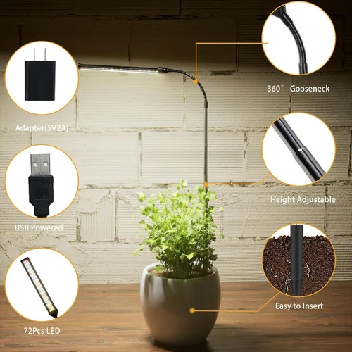 Miniatura 7 de Luz LED de Crecimiento, Lámpara de Cuello de Ganso de Espectro Completo 6000K para Plantas Pequeñas de Interior, Temporizador Automático