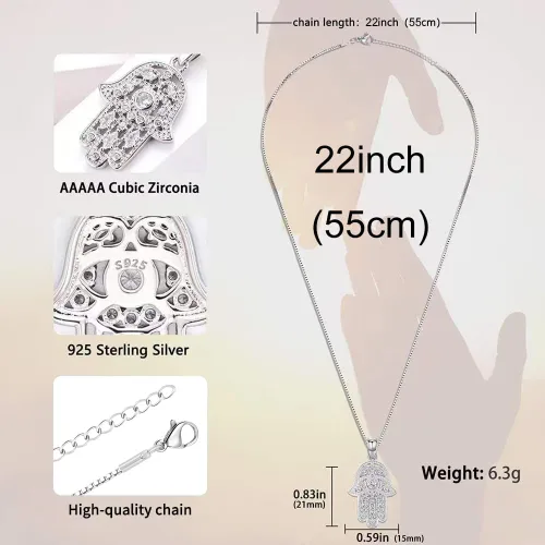 Miniatura 106 de Aniu Joyería de plata de ley 925 Hamsa de Fátima para mujer con circonita cúbica, viene con caja de regalo negra