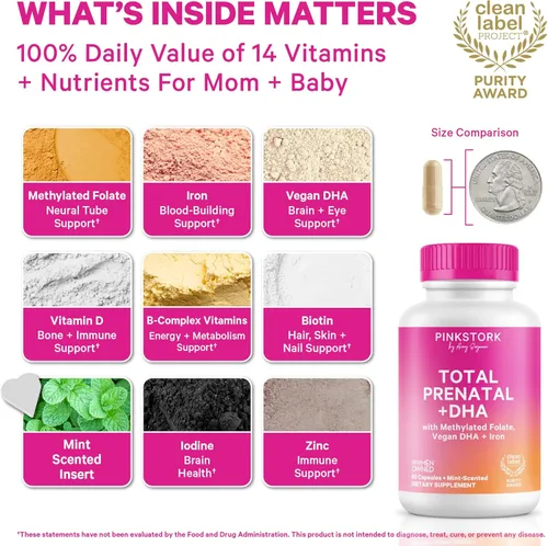 Miniatura 2 de Pink Stork Vitaminas prenatales totales para mujeres DHA vegano, metilfolato, hierro, colina, vitamina B12 Nutrición preconceptiva Sin eructos