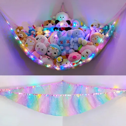 Miniatura 19 de Unicorn Castle Red de animales de peluche o hamaca organizador de almacenamiento de juguetes para niños con luz LED colgante en esquina soporte