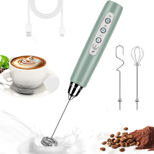 Miniatura 12 de BSRGMS Espumador de leche de mano para café, batidor eléctrico de 3 velocidades ajustables, mezclador de bebidas con 3 batidores de acero