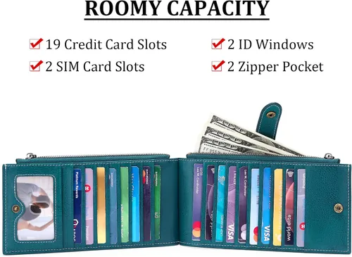 Miniatura 3 de GOIACII Billeteras para mujer con bloqueo RFID y 2 bolsillos con cremallera, C-Peacock Blue Type 3