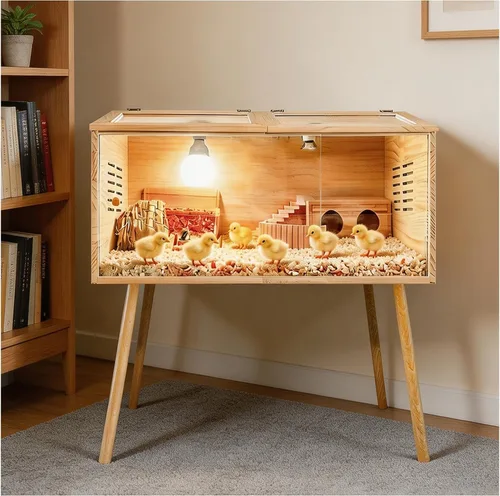 Caja de criador para pollitos, con puerta corredera, patas de mesa, 2 tipos de termómetro con juego de lámparas de calor adecuado para pollitos,