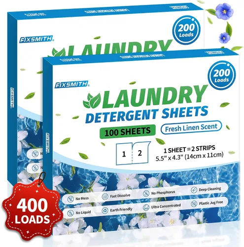 Miniatura 10 de FIXSMITH Hojas de detergente para ropa - 200 cargas (100 hojas) aroma a lino fresco - Tiras de detergente para ropa hipoalergénicas y ecológicas