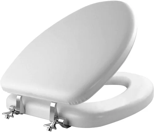 Mayfair Asiento de inodoro acolchado con bisagras cromadas, asiento de vinilo suave sobre núcleo de madera, fabricado en Estados Unidos, alargado,