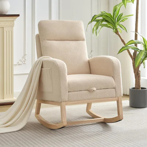 Miniatura 6 de Mecedora con reposapiés, sillón reclinable con respaldo alto, patas de madera y bolsillo lateral para sala de estar, dormitorio, color beige