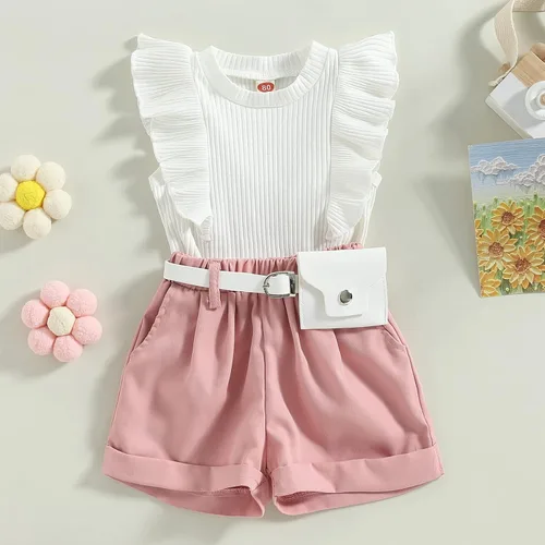Miniatura 2 de Conjunto de ropa de verano para niña pequeña, con volantes, sin mangas, acanalada, pantalones cortos de cintura elástica con cinturón, ropa de moda