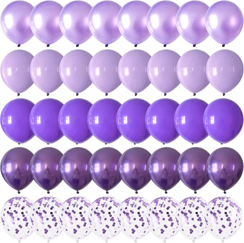Globos morados, 60 globos de látex de color morado claro y perla metálica, globos de confeti para cumpleaños, baby shower, despedida de soltera,