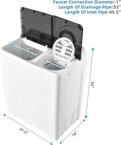 Miniatura 4 de Giantex Lavadora portátil, combo de lavadora y giratoria de 26 libras, lavado de 18 libras, 8 libras giratoria, bomba de drenaje integrada