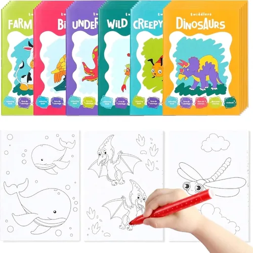 THE TWIDDLERS - Paquete de 24 mini libros para colorear de 6 temas a granel para niños a partir de 3 años, incluye animales de granja y salvajes,