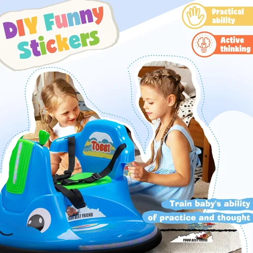 Miniatura 4 de TOBBI Caracol Auto Chocador para Bebé, Juguete Eléctrico de 12V para Niños con Control Remoto/Calcomanías Divertidas DIY para Niños/Giro de 360 Azul