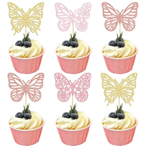 Miniatura 13 de Gyufise Paquete de 24 adornos de mariposa ensamblados con purpurina dorada, decoraciones de mariposa dorada, púas para cupcakes, bodas, 4-dorado