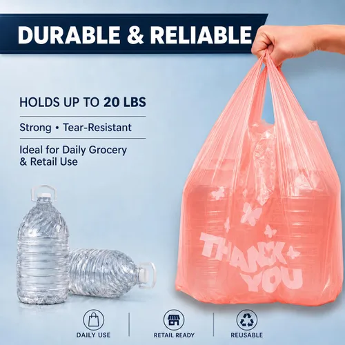 Miniatura 4 de YoYoRain Bolsas de agradecimiento rosadas, 1000 bolsas para camisetas, bolsas para llevar, bolsas de comestibles, reutilizables y desechables, Rosado