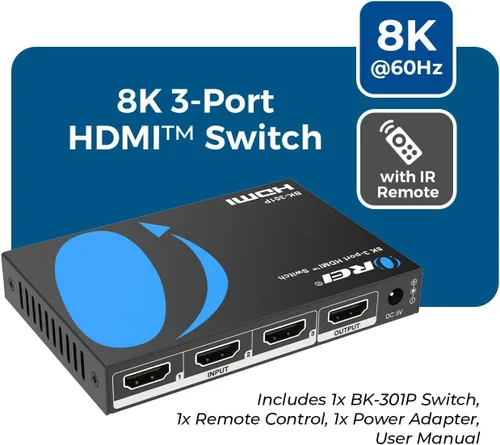 Miniatura 9 de OREI Conmutador HDMI con mando a distancia – Conmutador HDMI 4K@120Hz 4:4:4 o 8K@60 4:2:0 – HDR10+, Visión Dolby, VRR, ALLM, CEC – Conmutador HDMI