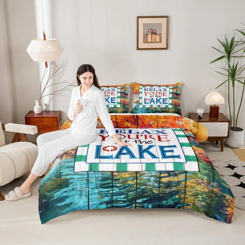 Miniatura 10 de Lake House - Juego de edredón tamaño individual, juego de ropa de cama rústica de granja vieja de 2 piezas para niños, adolescentes y adultos