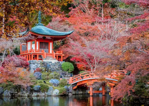 BELECO Telón de fondo japonés, 5 x 3 pies, templo japonés Daigo-ji, ciudad de Kioto, otoño, arces rojos, paisaje, río, puente de jardín, telón de