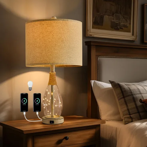 Miniatura 10 de OYEARS Juego de 2 lámparas de mesita de noche con USB, modernas lámparas de noche retro de cristal de ratán para dormitorio, sala de estar