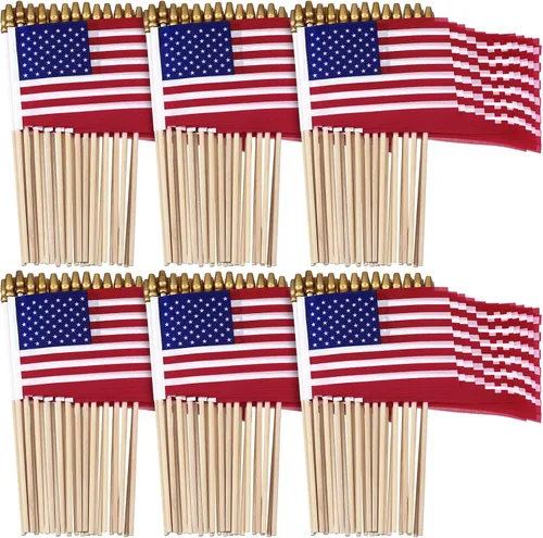 Shimeyao 450 banderas americanas pequeñas en palo de 8 x 12 pulgadas, mini banderas de Estados Unidos de madera a granel para 250 aniversario,