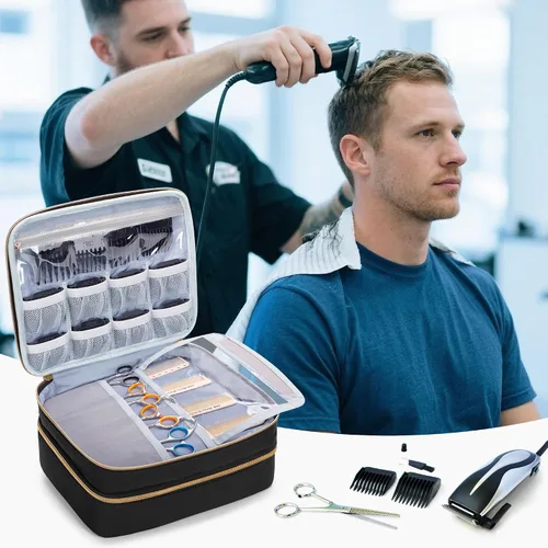 Miniatura 7 de CURMIO Estuche de transporte de viaje para cortapelos de doble capa, organizador de suministros de peluquería, bolsa de almacenamiento compatible