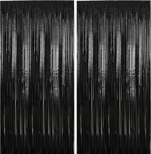 Paquete de 2 cortinas de oropel negras de 3.28 x 6.56 pies, decoración de telón de fondo de fiesta con flecos metálicos para Halloween, Navidad,