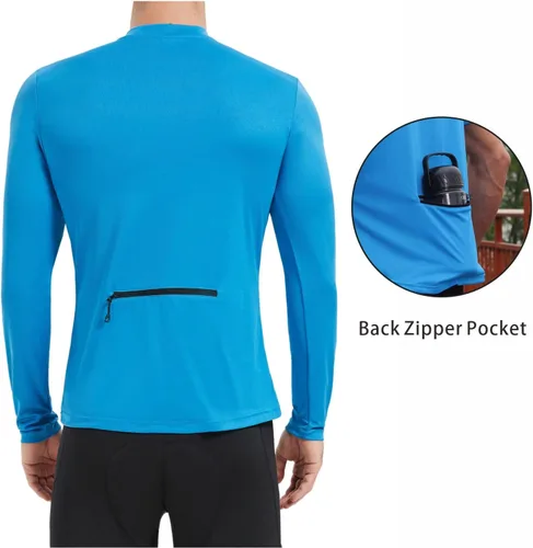 Miniatura 2 de qualidyne Camiseta de ciclismo para hombre, manga larga, media cremallera, con bolsillo trasero con cremallera