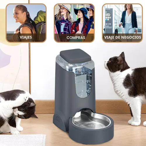 Miniatura 7 de Comedero y dispensador de agua automático para gatos con cuenco de acero inoxidable, comedero por gravedad para perros y bebedero para mascotas Gris