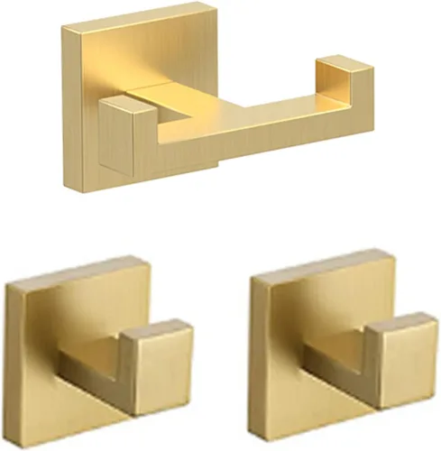 BOZWELL 1 gancho doble para toallas y 2 ganchos para toallas para baño, montaje en pared dorado cepillado, paquete de 3 ganchos modernos de estilo