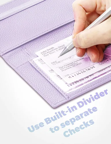 Miniatura 47 de Yarnic Funda para chequera personal, soporte para chequera con soporte para bolígrafo y divisor de plástico transparente integrado para cheques Rosa