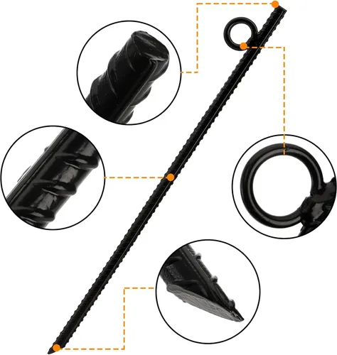 Miniatura 3 de ZOOFOX Paquete de 12 unidades de ancla de tierra de 17 pulgadas en negro, estacas de refuerzo de acero resistentes con bucle, estacas de tienda