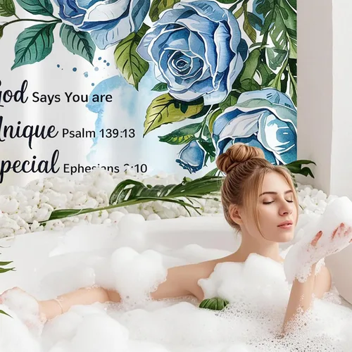 Miniatura 6 de Cortina de ducha con versículo bíblico con cita inspiradora, cortinas de ducha cristianas azules florales para bañera, decoración del hogar, tela