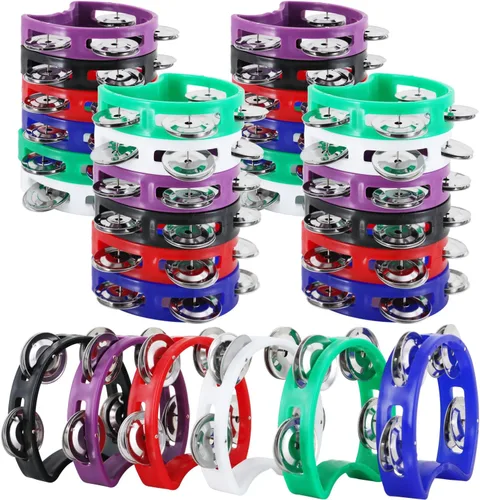 Miniatura 6 de EASTROCK 4 panderetas de percusión de plástico con 4 campanas de percusión de mano, mini pandereta de colores para hacer ruido de colores, pandereta