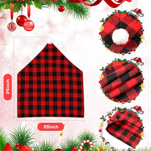 Miniatura 6 de Queekay 6 piezas de fundas traseras de silla de Navidad, protector de silla de comedor de Navidad con diseño de sombrero de Papá Noel, a cuadros