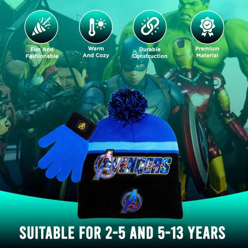 Miniatura 3 de Marvel Avengers - Juego de sombreros de invierno y guantes de nieve para niños y niños pequeños con lindos guantes y gorro suave, pompones esponjosos